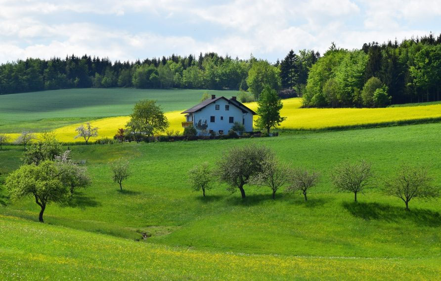 Ein blaues Häuschen in einer idyllischen Landschaft (steht für Einfamilienhaus)