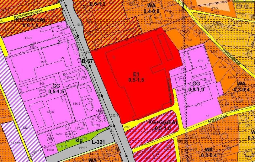 Ein rot gekennzeichnetes Einkaufszentrum im Flächenwidmungsplan von Leoben