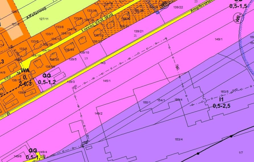 Flächenwidmungsplan-Auszug von einem Gewerbegebiet in Graz